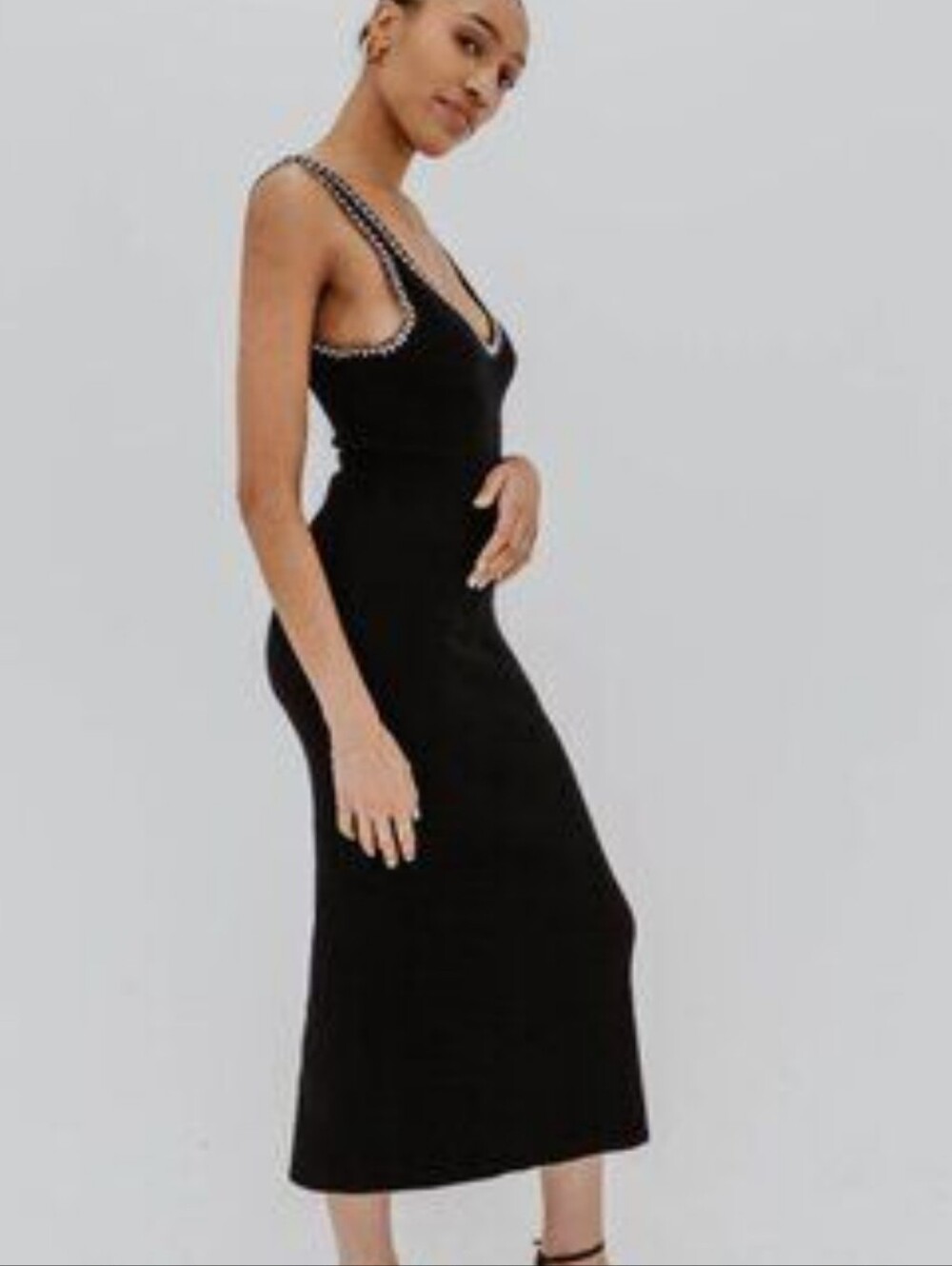 Caroline Constas Crochet Strap Black Ribbed Stretch Midi Dress Size Medium